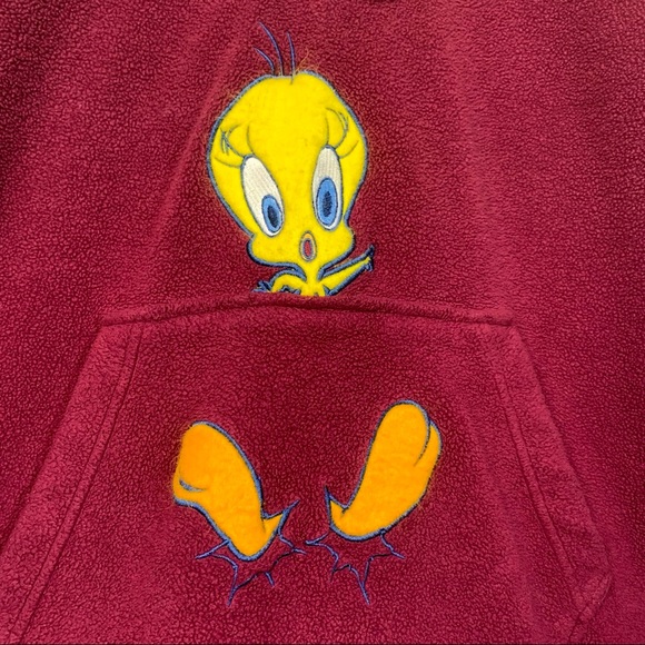 VINTAGE Y2K LOONEY TUNES TWEETY BIRD FLEECE HOODIE. QUARTER ZIP. FUZZY CHARACTER - Picture 2 of 9